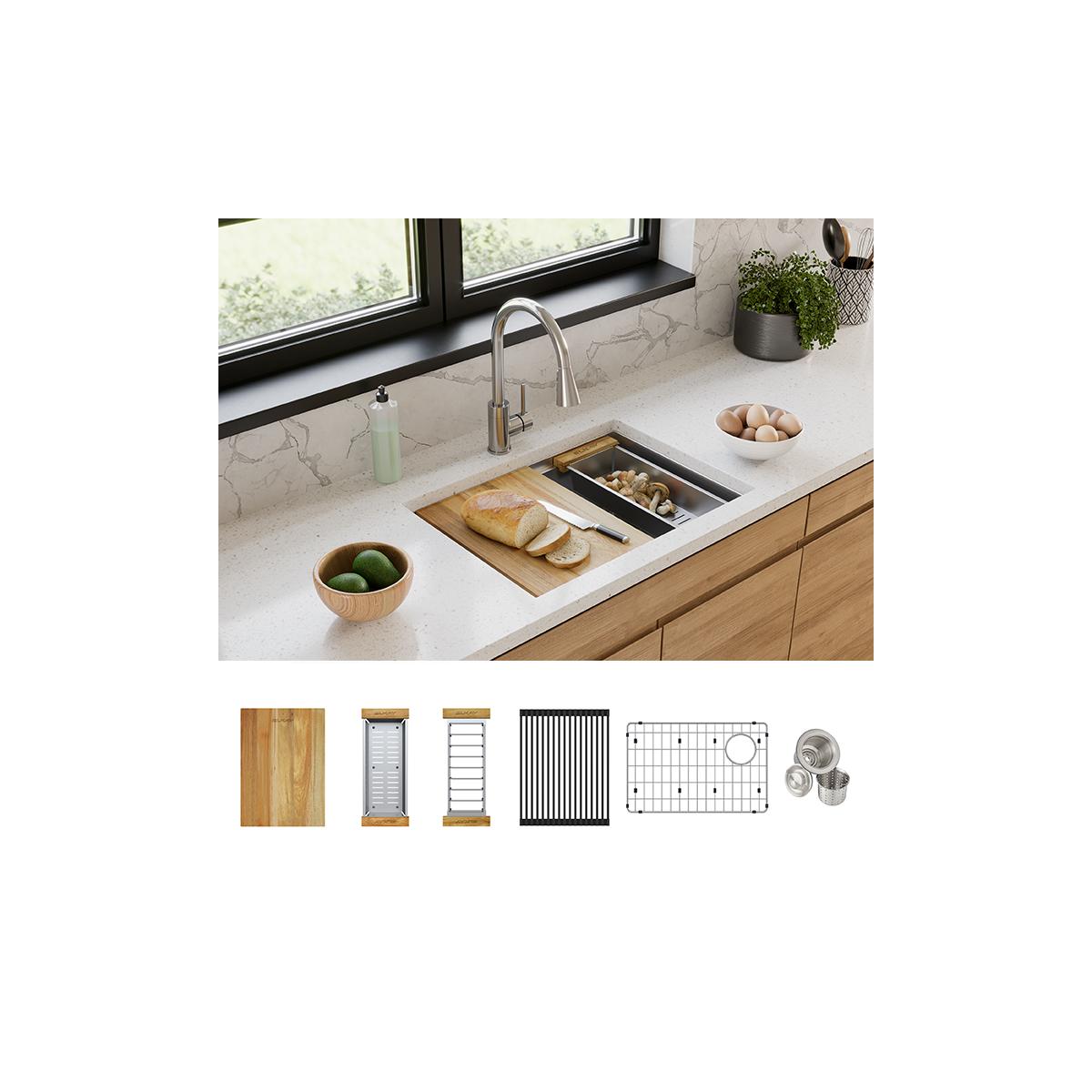 Elkay Crosstown 26" Undermount Stainless Steel Workstation Kitchen Sink Kit with Accessories, Polished Satin, 18 Gauge, ECTRU24169RTWC