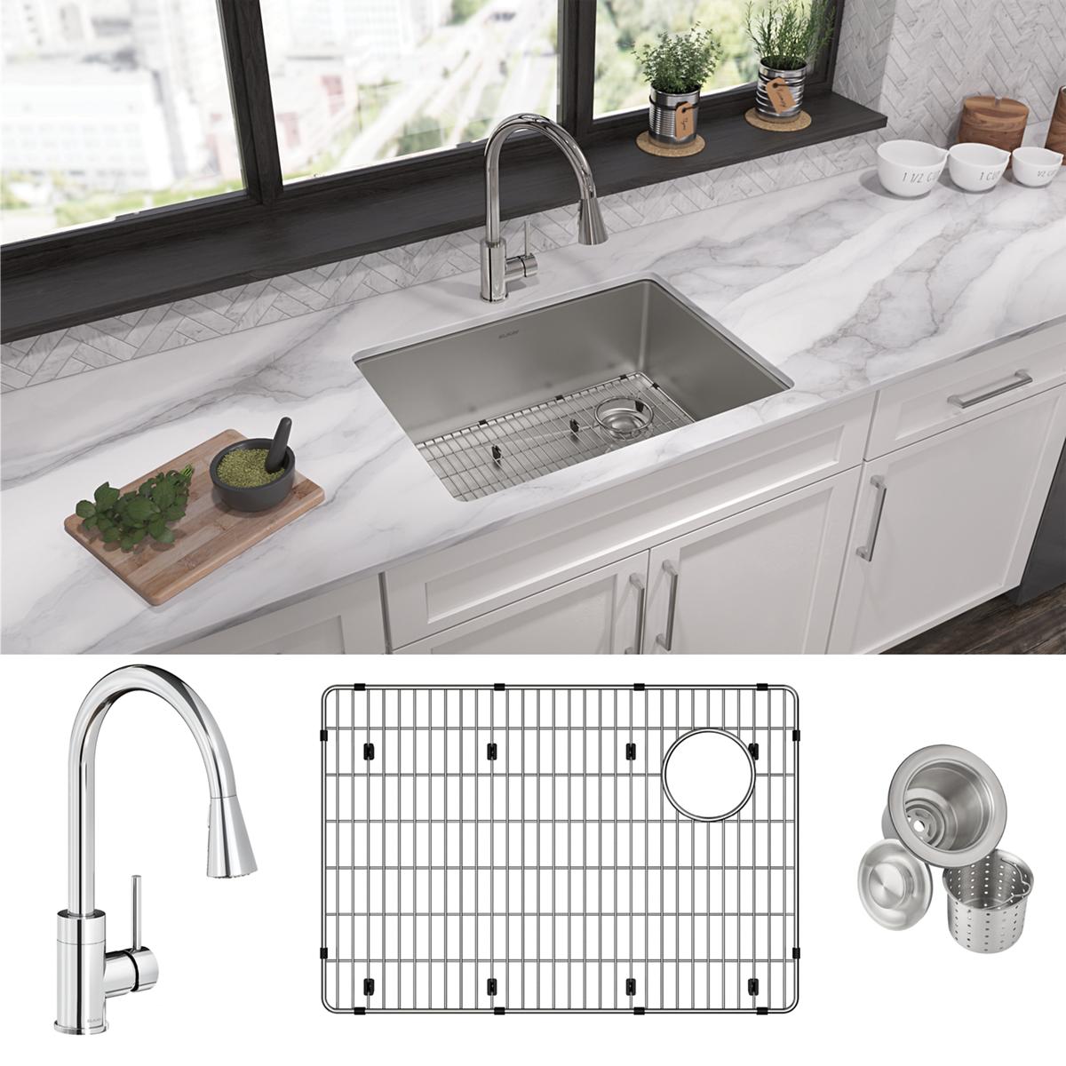 Elkay Crosstown 26" Undermount Stainless Steel Kitchen Sink with Faucet, Single Bowl Polished Satin, 18 Gauge, ECTRU24179RTFBC