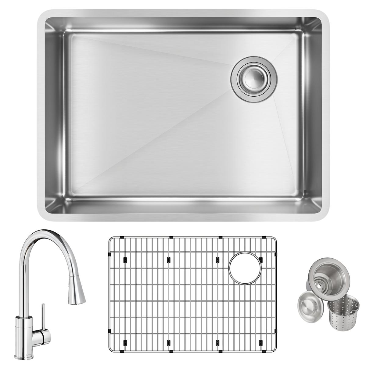 Elkay Crosstown 26" Undermount Stainless Steel Kitchen Sink with Faucet, Single Bowl Polished Satin, 18 Gauge, ECTRU24179RTFBC