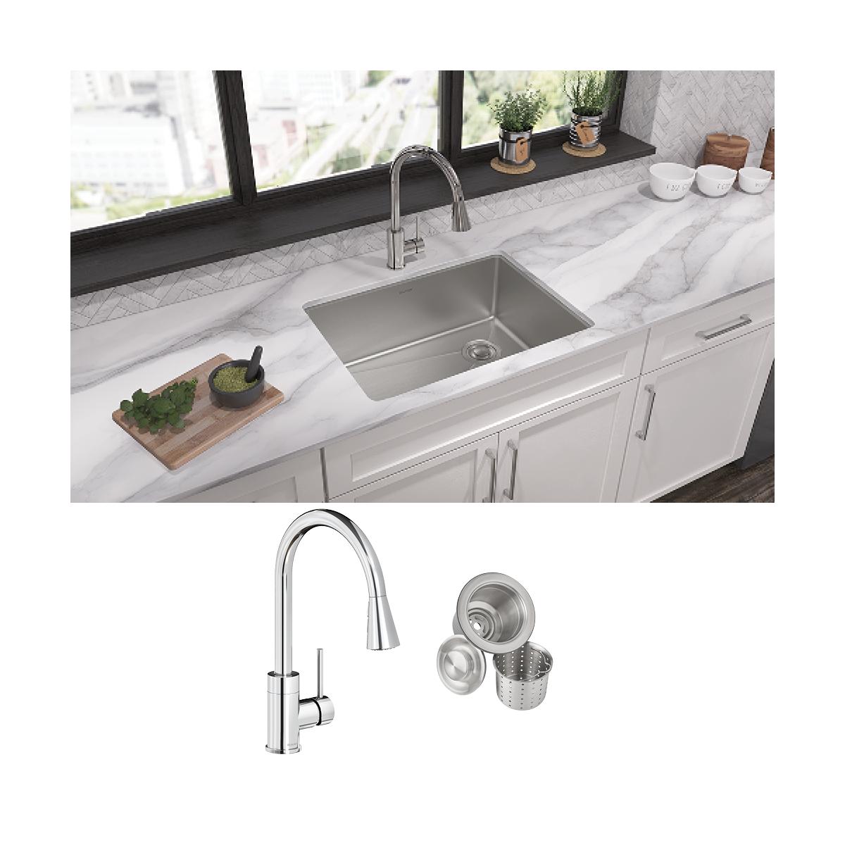 Elkay Crosstown 26" Undermount Stainless Steel Kitchen Sink with Faucet, Polished Satin, 18 Gauge, ECTRU24179RTFCC