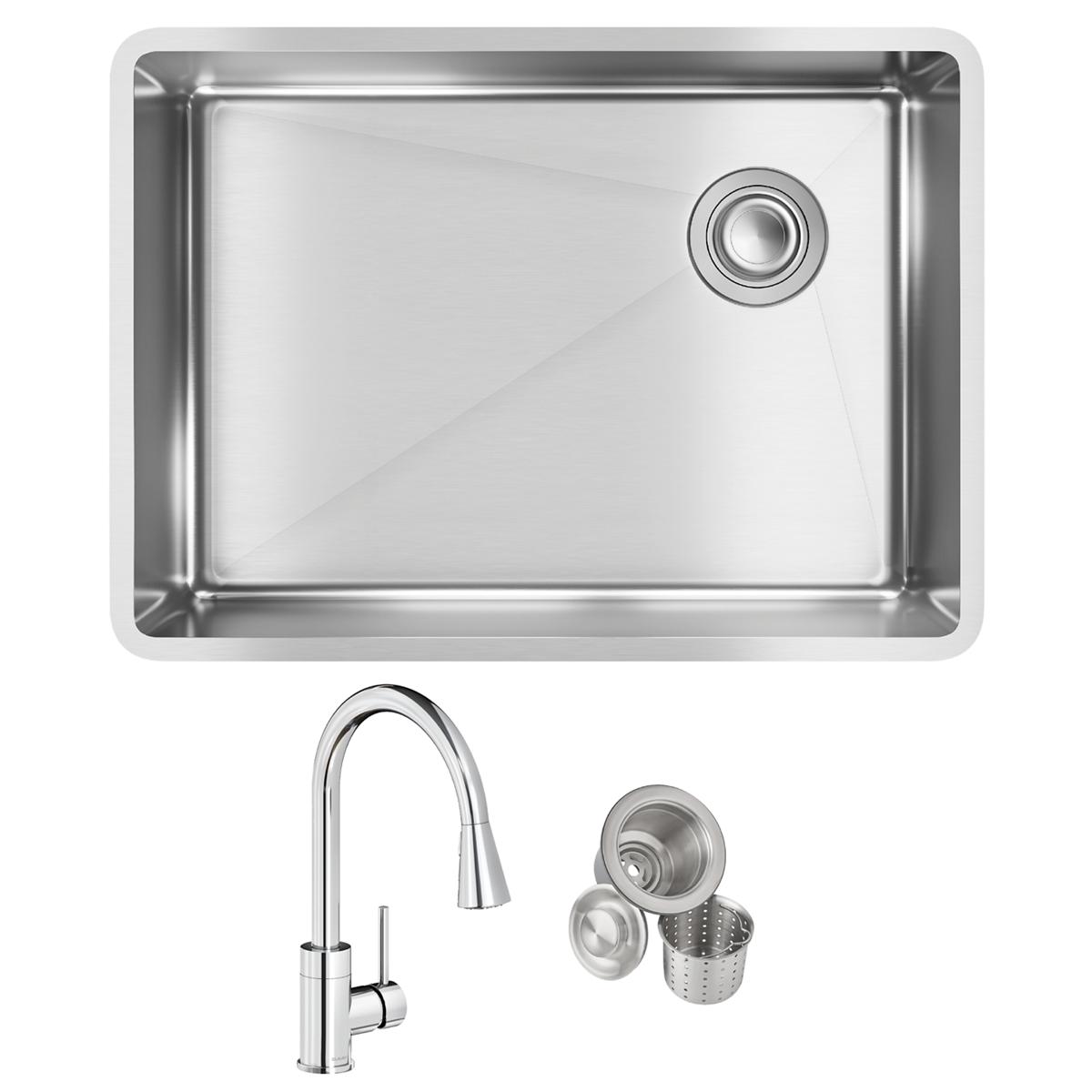 Elkay Crosstown 26" Undermount Stainless Steel Kitchen Sink with Faucet, Polished Satin, 18 Gauge, ECTRU24179RTFCC