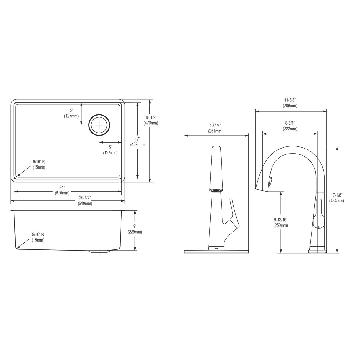 Elkay Crosstown 26" Undermount Stainless Steel Kitchen Sink Kit with Faucet, Single Bowl 18 Gauge, ECTRU24179RTFLC