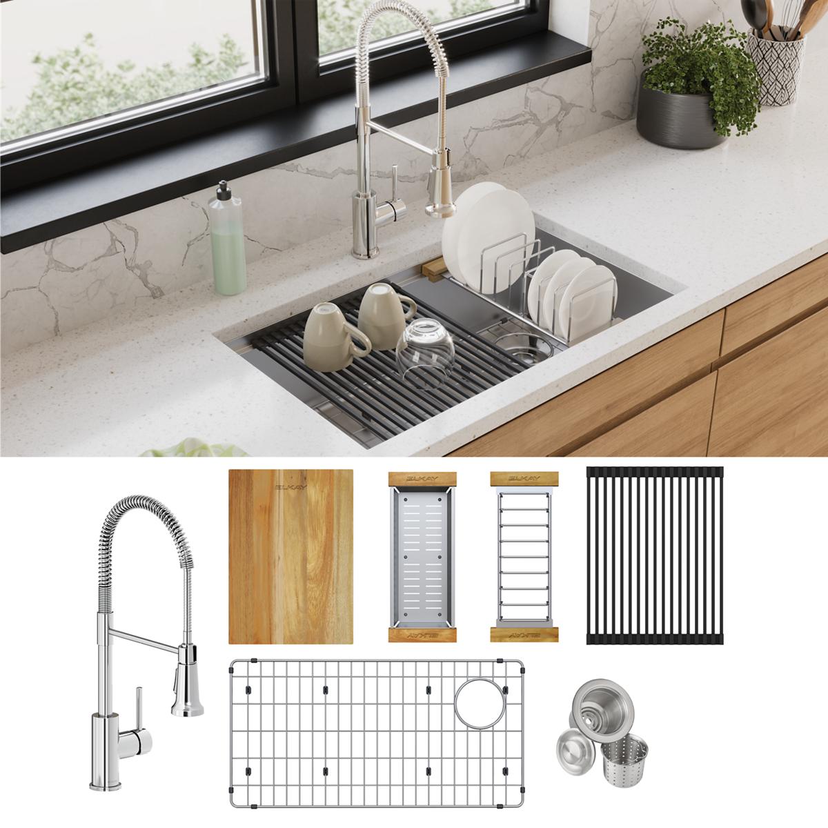 Elkay Crosstown 32" Undermount Stainless Steel Workstation Kitchen Sink with Faucet, Single Bowl Polished Satin, 18 Gauge, ECTRU30169RTFCW