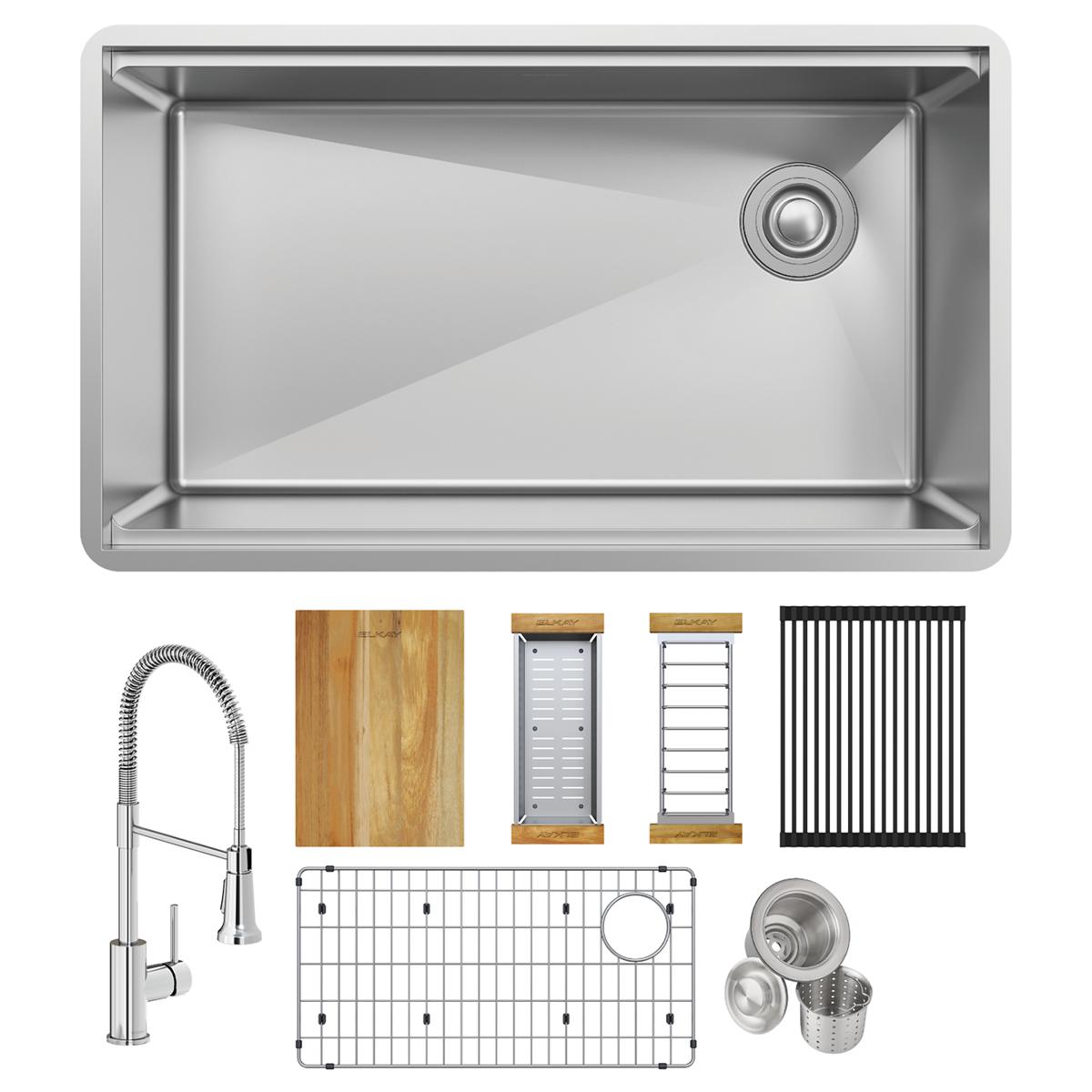 Elkay Crosstown 32" Undermount Stainless Steel Workstation Kitchen Sink with Faucet, Single Bowl Polished Satin, 18 Gauge, ECTRU30169RTFCW