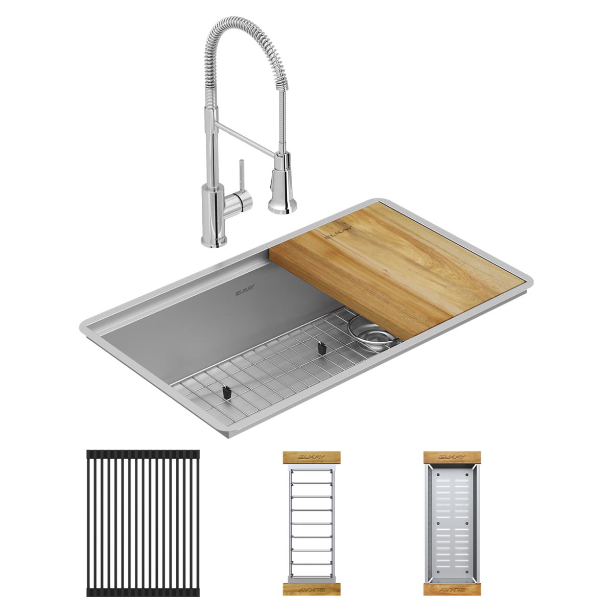 Elkay Crosstown 32" Undermount Stainless Steel Workstation Kitchen Sink with Faucet, Single Bowl Polished Satin, 18 Gauge, ECTRU30169RTFCW