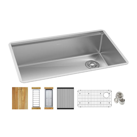 Elkay Crosstown 32" Undermount Stainless Steel Workstation Kitchen Sink Kit with Accessories, Polished Satin, 18 Gauge, ECTRU30169RTWC