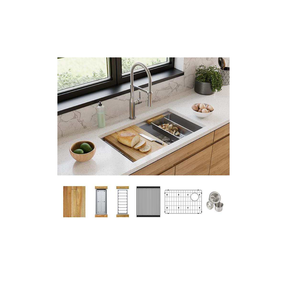 Elkay Crosstown 32" Undermount Stainless Steel Workstation Kitchen Sink Kit with Accessories, Single Bowl, Polished Satin, 18 Gauge, ECTRU30169RTWC