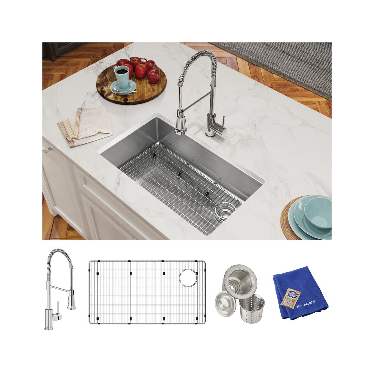 Elkay Crosstown 32" Undermount Stainless Steel Kitchen Sink Kit with Faucet, Polished Satin, 1 Faucet Hole, ECTRU30179RTFC