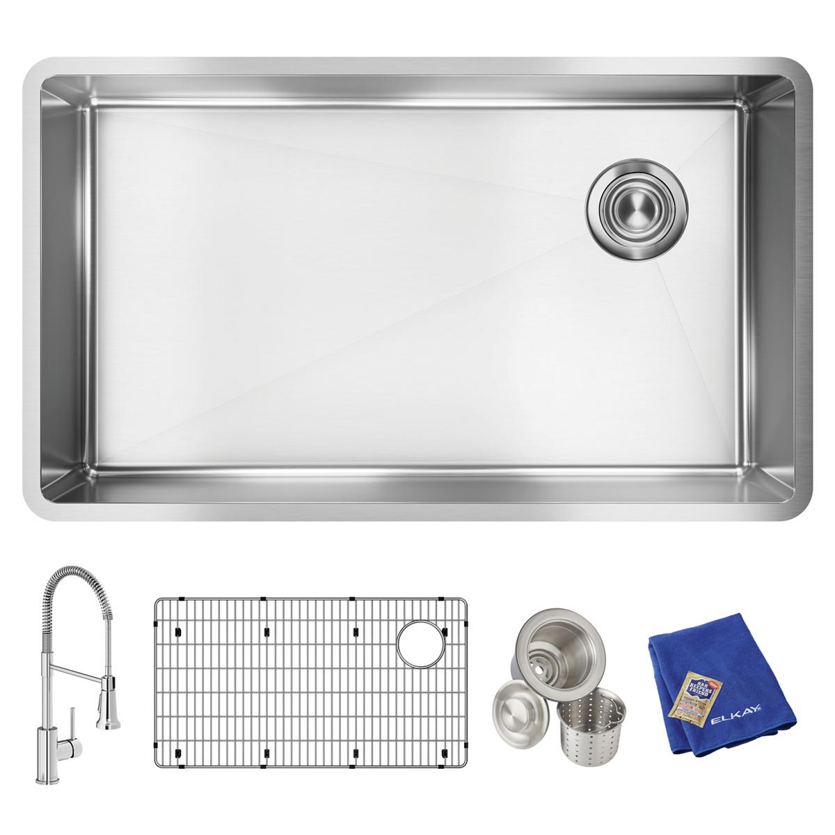 Elkay Crosstown 32" Undermount Stainless Steel Kitchen Sink Kit with Faucet, Polished Satin, 1 Faucet Hole, ECTRU30179RTFC