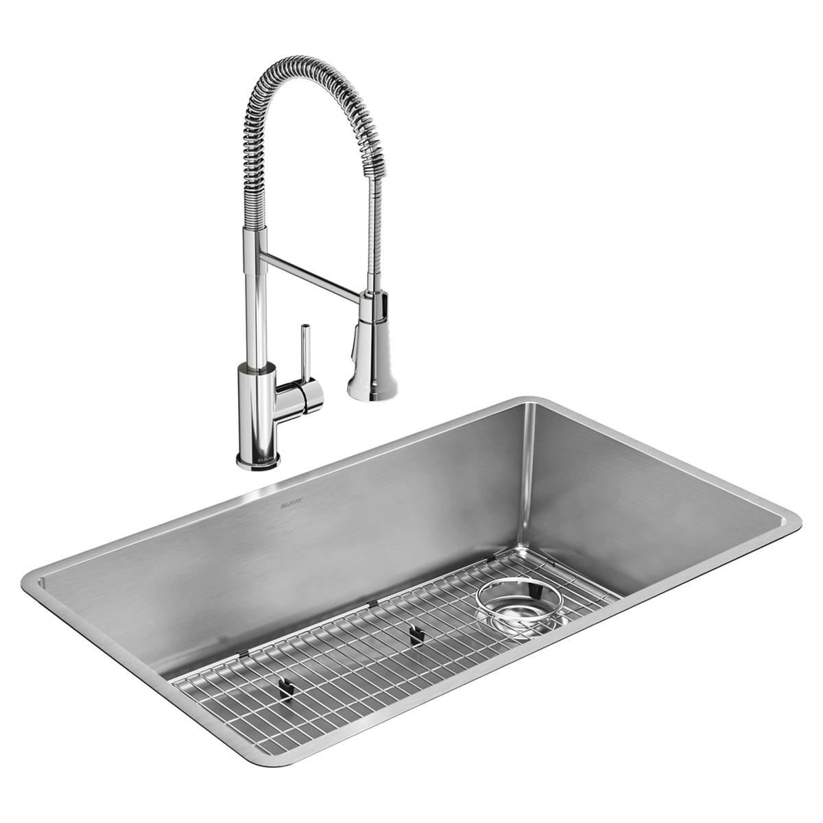 Elkay Crosstown 32" Undermount Stainless Steel Kitchen Sink Kit with Faucet, Polished Satin, 1 Faucet Hole, ECTRU30179RTFC