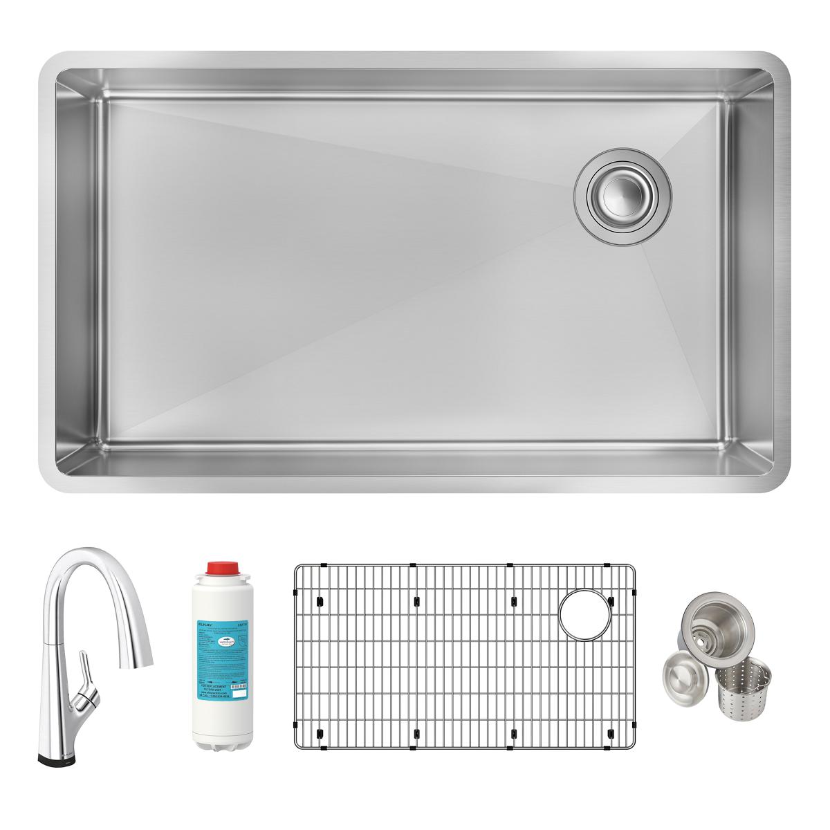 Elkay Crosstown 32" Undermount Stainless Steel Kitchen Sink Kit with Faucet, Single Bowl 18 Gauge, ECTRU30179RTFLC