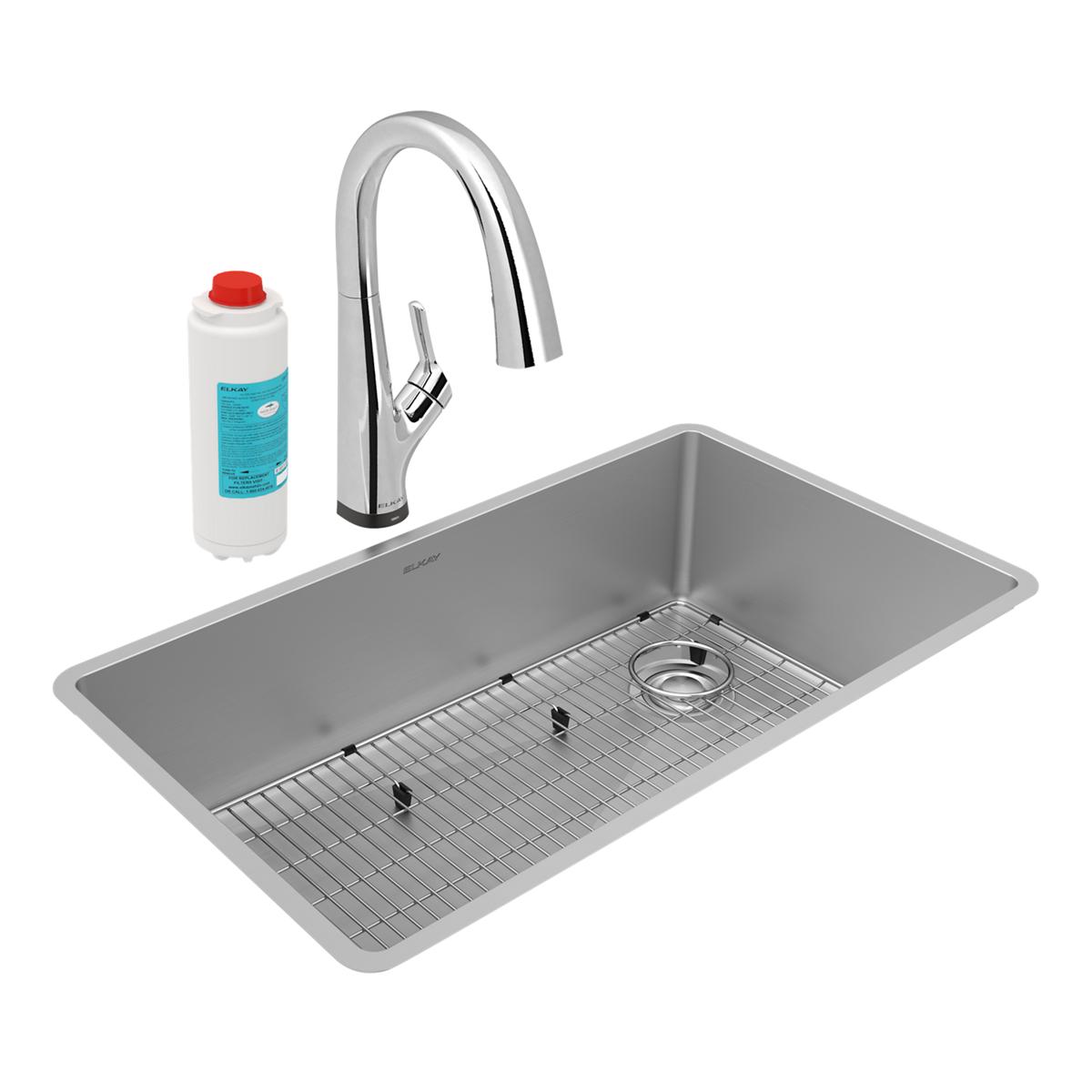 Elkay Crosstown 32" Undermount Stainless Steel Kitchen Sink Kit with Faucet, Single Bowl 18 Gauge, ECTRU30179RTFLC