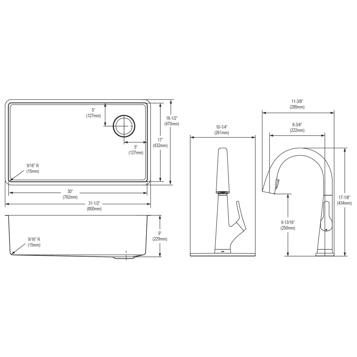 Elkay Crosstown 32" Undermount Stainless Steel Kitchen Sink Kit with Faucet, Single Bowl 18 Gauge, ECTRU30179RTFLC