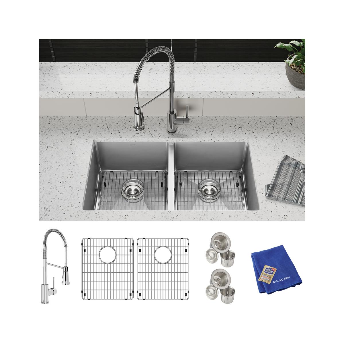 Elkay Crosstown 32" Undermount Stainless Steel Kitchen Sink Kit with Faucet, 50/50 Double Bowl, Polished Satin, 1 Faucet Hole, ECTRU31179TFC