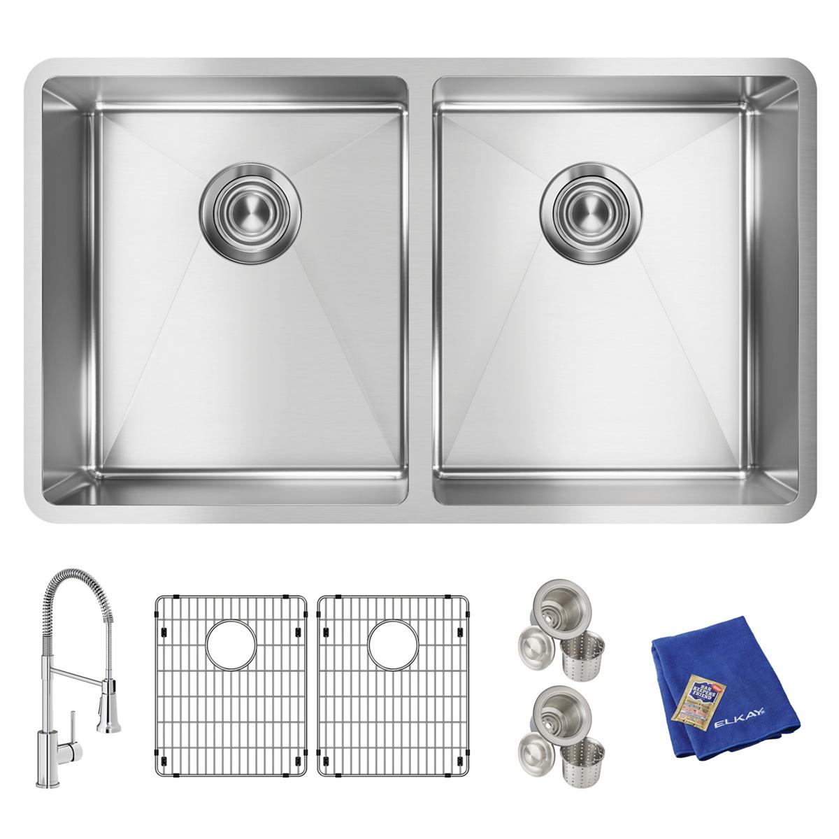 Elkay Crosstown 32" Undermount Stainless Steel Kitchen Sink Kit with Faucet, 50/50 Double Bowl, Polished Satin, 1 Faucet Hole, ECTRU31179TFC