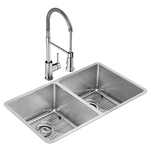 Elkay Crosstown 32" Undermount Stainless Steel Kitchen Sink Kit with Faucet, 50/50 Double Bowl, Polished Satin, 1 Faucet Hole, ECTRU31179TFC
