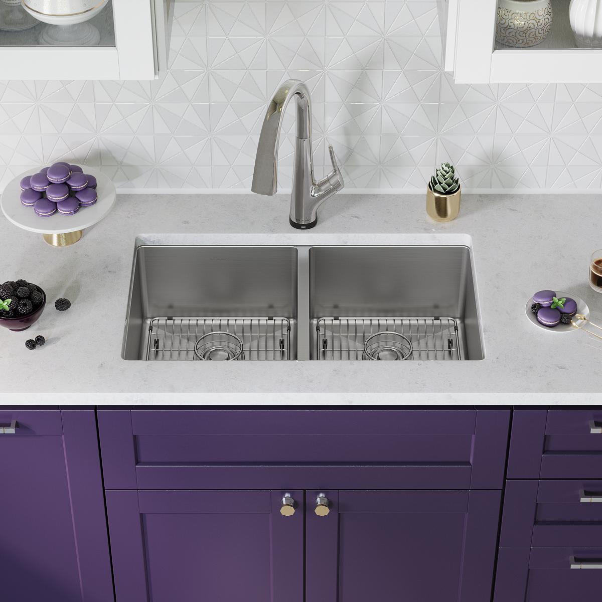 Elkay Crosstown 32" Undermount Stainless Steel Kitchen Sink Kit with Faucet, 50/50 Double Bowl, 18 Gauge, ECTRU31179TFLC