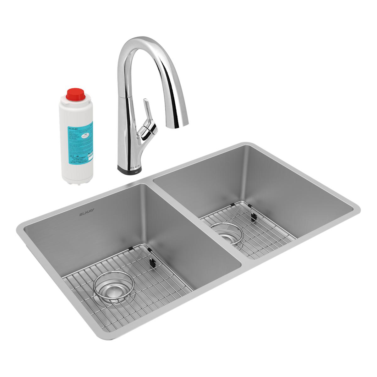 Elkay Crosstown 32" Undermount Stainless Steel Kitchen Sink Kit with Faucet, 50/50 Double Bowl, 18 Gauge, ECTRU31179TFLC