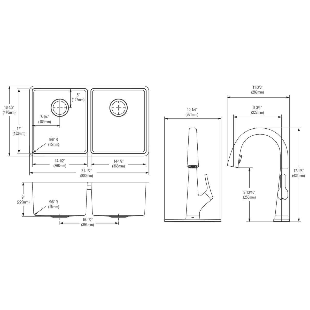 Elkay Crosstown 32" Undermount Stainless Steel Kitchen Sink Kit with Faucet, 50/50 Double Bowl, 18 Gauge, ECTRU31179TFLC