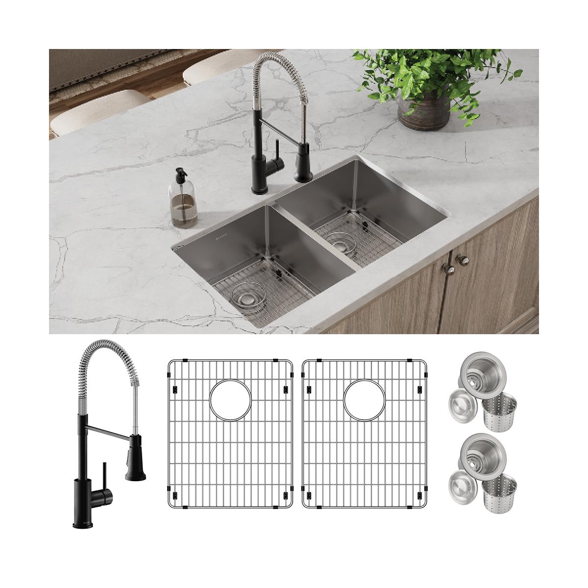 Elkay Crosstown 32" Undermount Stainless Steel Kitchen Sink with Faucet, 50/50 Double Bowl, Polished Satin, 18 Gauge, ECTRU31179TFMBC