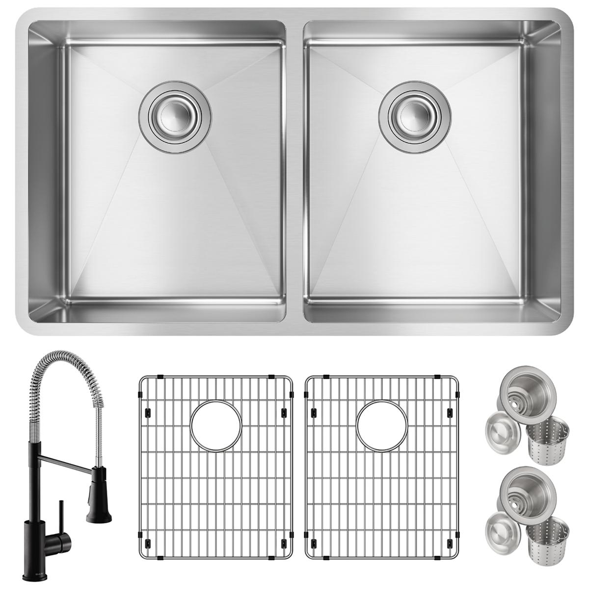 Elkay Crosstown 32" Undermount Stainless Steel Kitchen Sink with Faucet, 50/50 Double Bowl, Polished Satin, 18 Gauge, ECTRU31179TFMBC