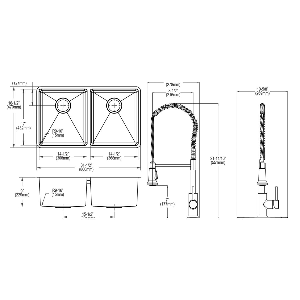 Elkay Crosstown 32" Undermount Stainless Steel Kitchen Sink with Faucet, 50/50 Double Bowl, Polished Satin, 18 Gauge, ECTRU31179TFMBC
