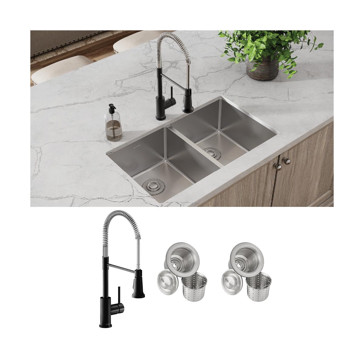 Elkay Crosstown 32" Undermount Stainless Steel Kitchen Sink with Faucet, 50/50 Double Bowl, Polished Satin, 18 Gauge, ECTRU31179TFMC