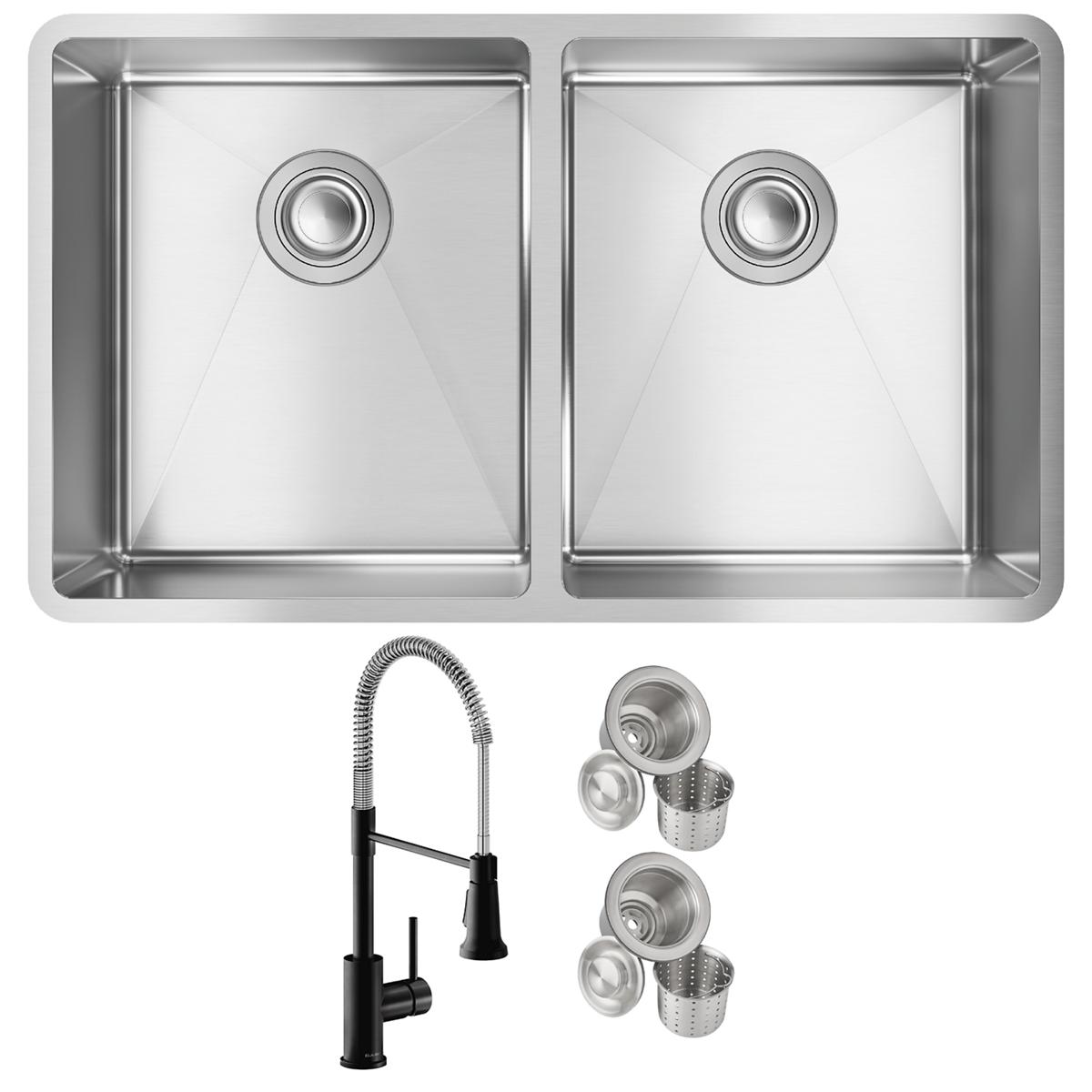 Elkay Crosstown 32" Undermount Stainless Steel Kitchen Sink with Faucet, 50/50 Double Bowl, Polished Satin, 18 Gauge, ECTRU31179TFMC