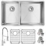 Elkay Crosstown 32" Undermount Stainless Steel Kitchen Sink with Faucet, 40/60 Double Bowl, Polished Satin, 18 Gauge, ECTRU32179LTFBC