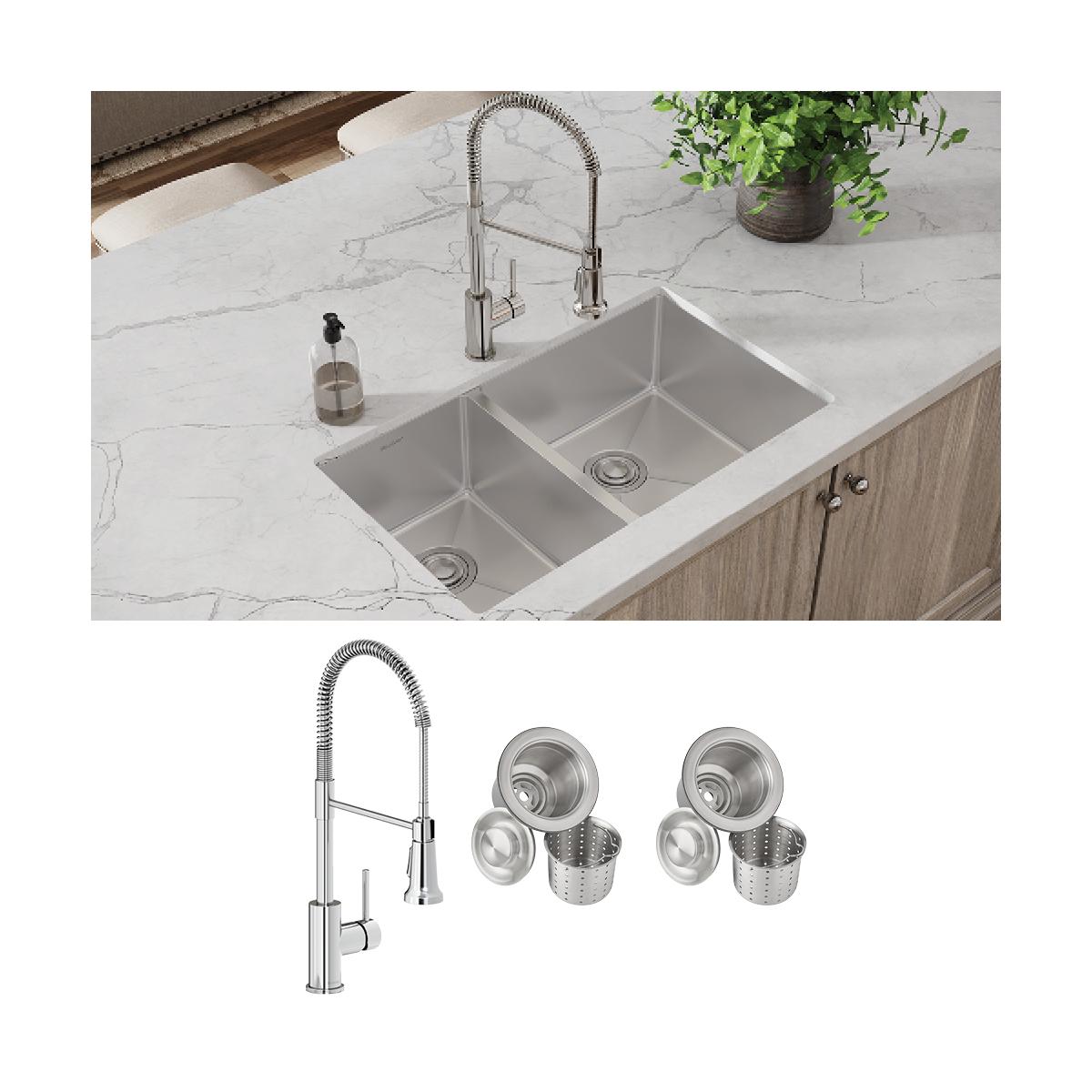 Elkay Crosstown 32" Undermount Stainless Steel Kitchen Sink with Faucet, 40/60 Double Bowl, Polished Satin, 18 Gauge, ECTRU32179LTFCC