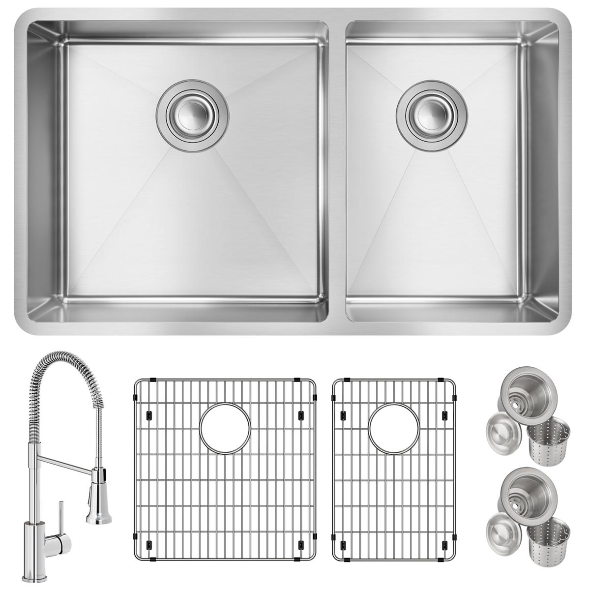 Elkay Crosstown 32" Undermount Stainless Steel Kitchen Sink with Faucet, 60/40 Double Bowl, Polished Satin, 18 Gauge, ECTRU32179RTFBC