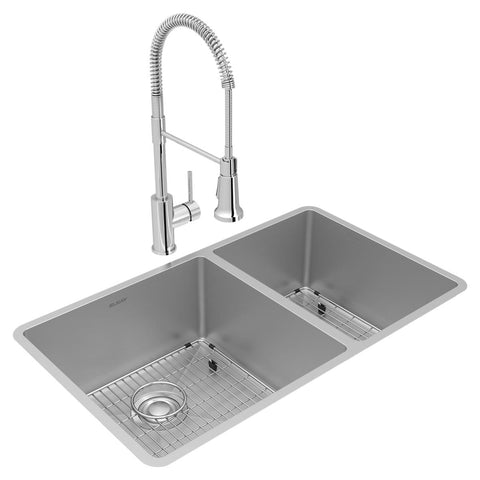 Elkay Crosstown 32" Undermount Stainless Steel Kitchen Sink with Faucet, 60/40 Double Bowl, Polished Satin, 18 Gauge, ECTRU32179RTFBC