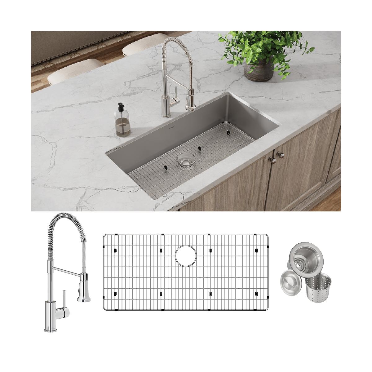 Elkay Crosstown 37" Undermount Stainless Steel Kitchen Sink with Faucet, Polished Satin, 18 Gauge, ECTRU35179TFCBC