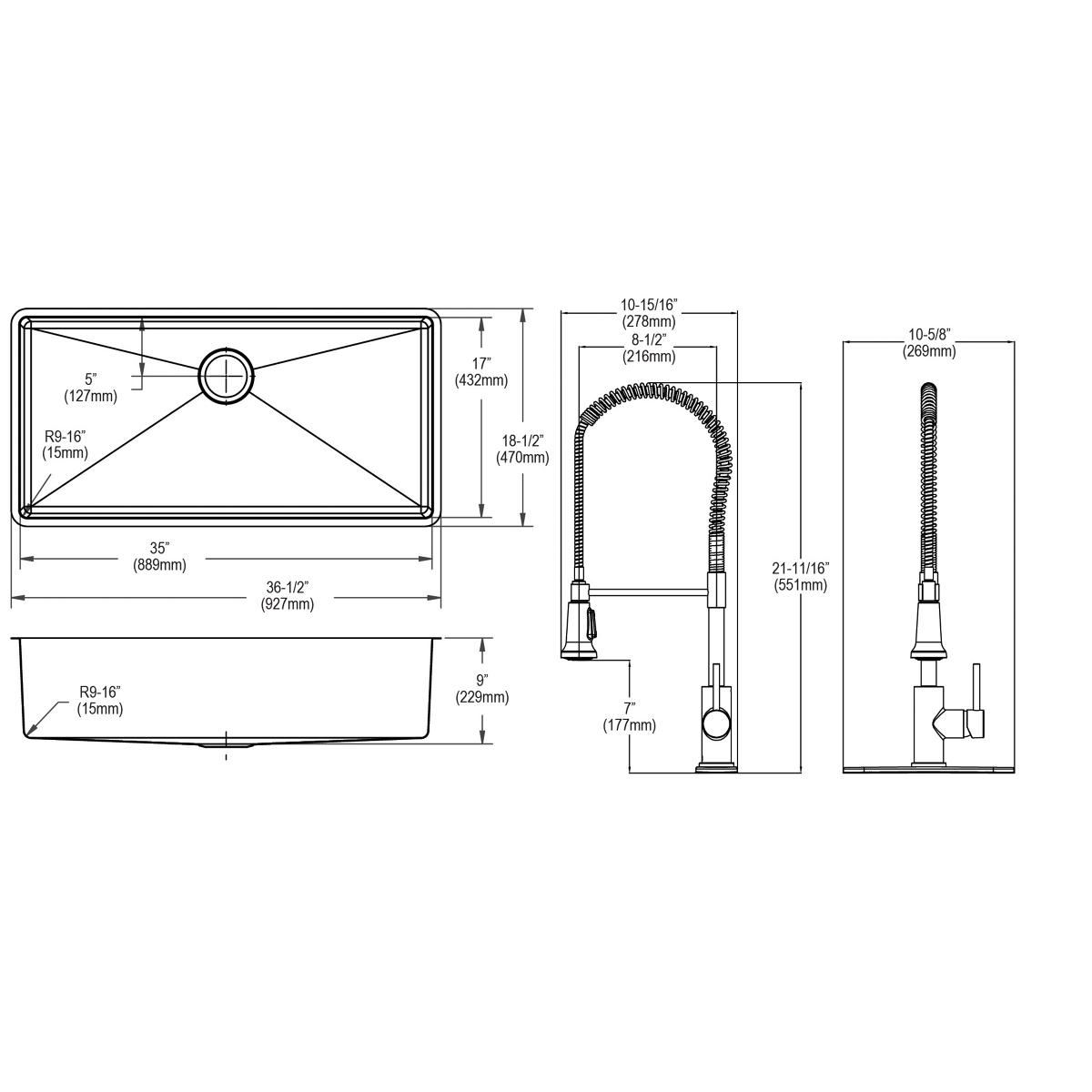 Elkay Crosstown 37" Undermount Stainless Steel Kitchen Sink with Faucet, Polished Satin, 18 Gauge, ECTRU35179TFCBC