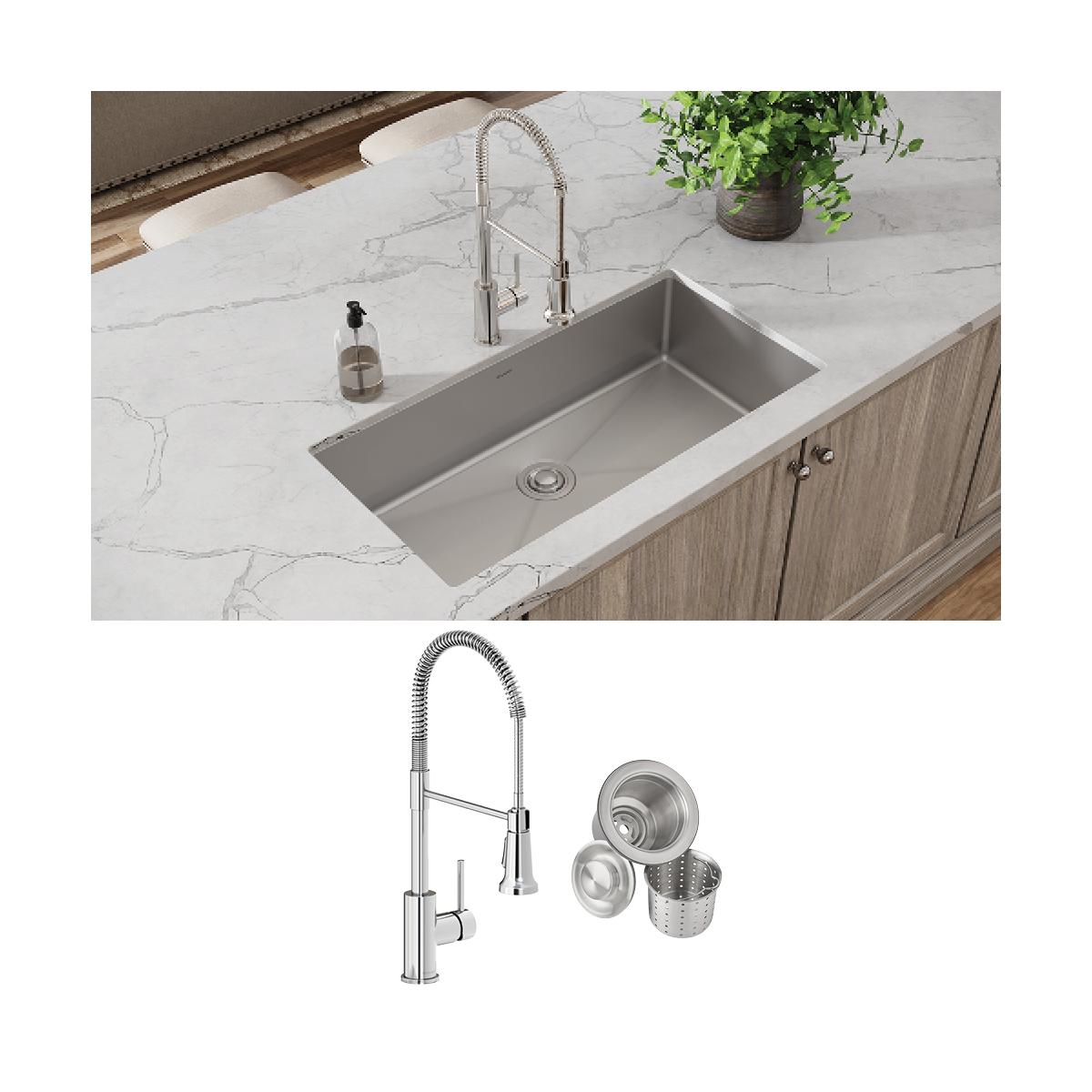 Elkay Crosstown 37" Undermount Stainless Steel Kitchen Sink with Faucet, Polished Satin, 18 Gauge, ECTRU35179TFCC
