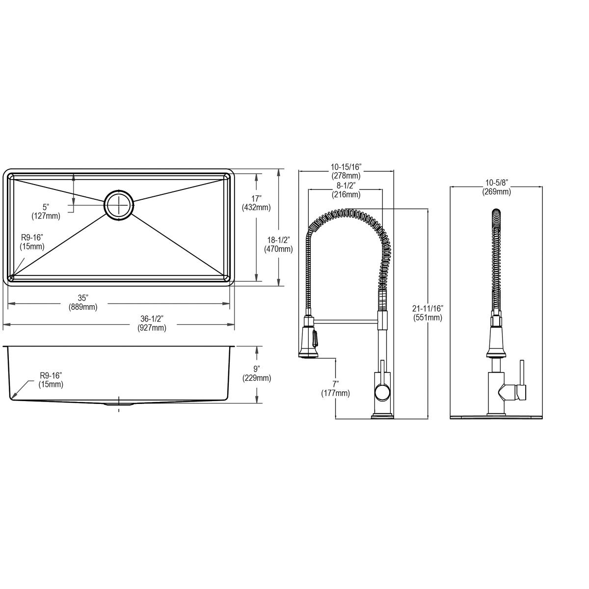 Elkay Crosstown 37" Undermount Stainless Steel Kitchen Sink with Faucet, Polished Satin, 18 Gauge, ECTRU35179TFCC