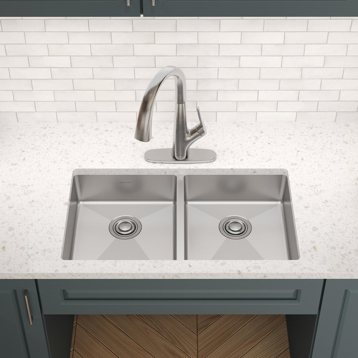 Elkay Crosstown 32" Undermount Stainless Steel ADA Kitchen Sink, 50/50 Double Bowl, Polished Satin, 18 Gauge, ECTRUAD311755