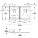 Elkay Crosstown 32" Undermount Stainless Steel ADA Kitchen Sink, 50/50 Double Bowl, Polished Satin, 18 Gauge, ECTRUAD311755