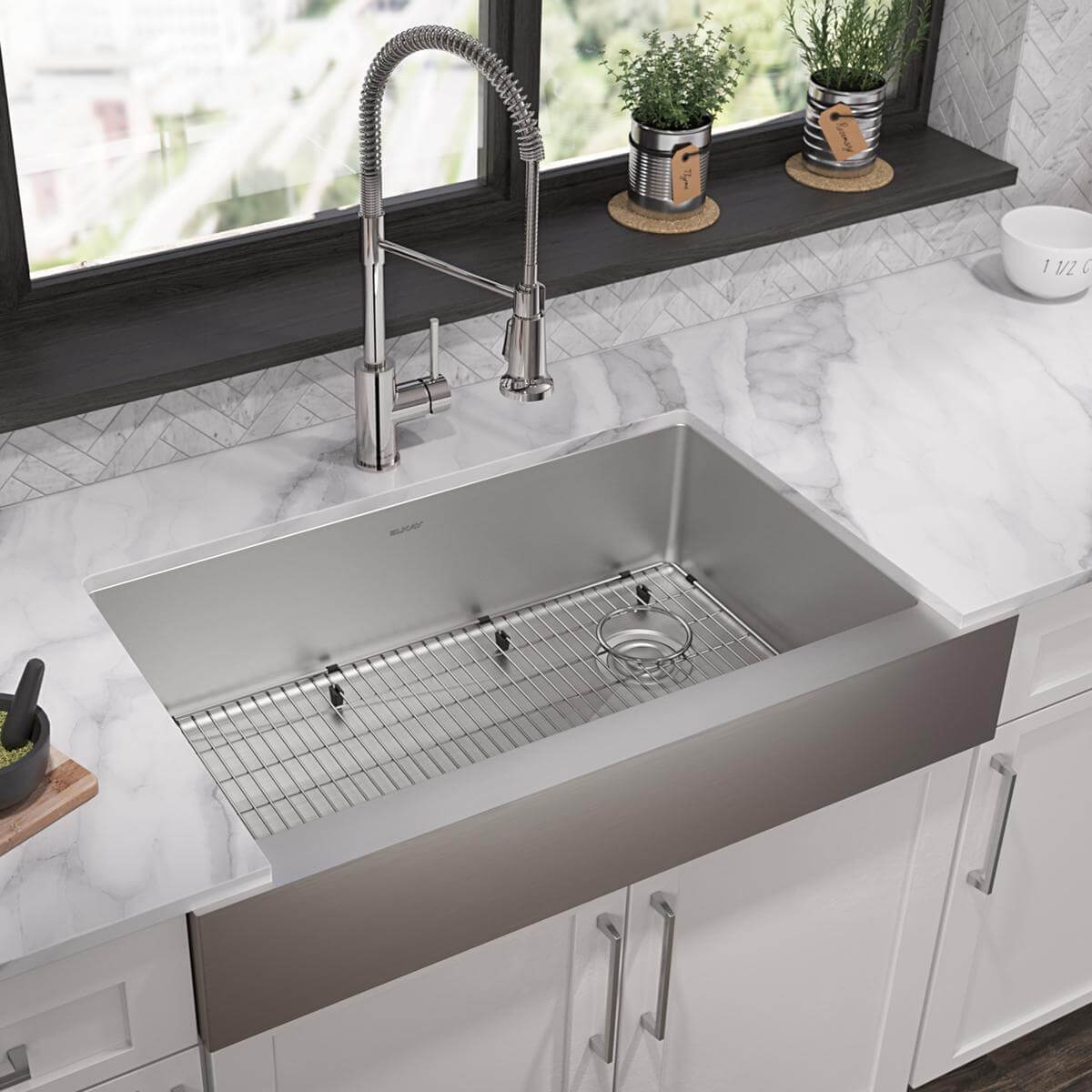 Elkay Crosstown 36" Stainless Steel Farmhouse Sink with Faucet, Single Bowl Polished Satin, 18 Gauge, ECTRUF30179RFBC