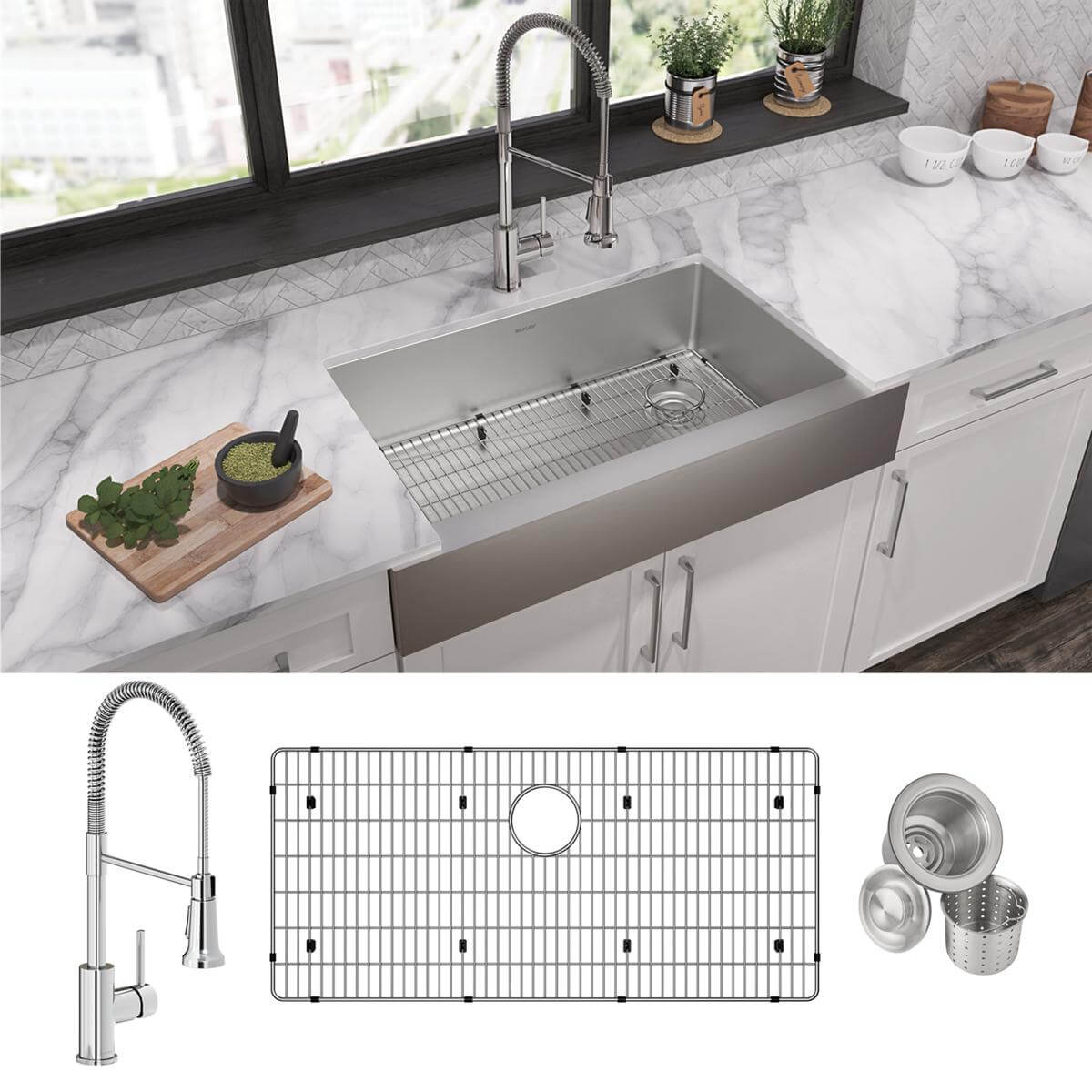 Elkay Crosstown 36" Stainless Steel Farmhouse Sink with Faucet, Single Bowl Polished Satin, 18 Gauge, ECTRUF30179RFBC
