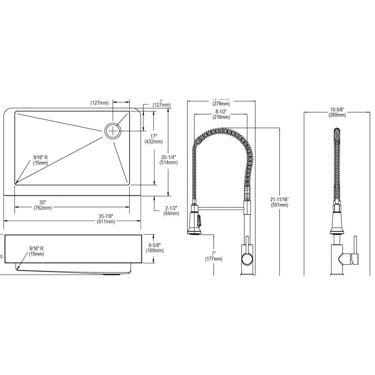 Elkay Crosstown 36" Stainless Steel Farmhouse Sink with Faucet, Single Bowl Polished Satin, 18 Gauge, ECTRUF30179RFBC