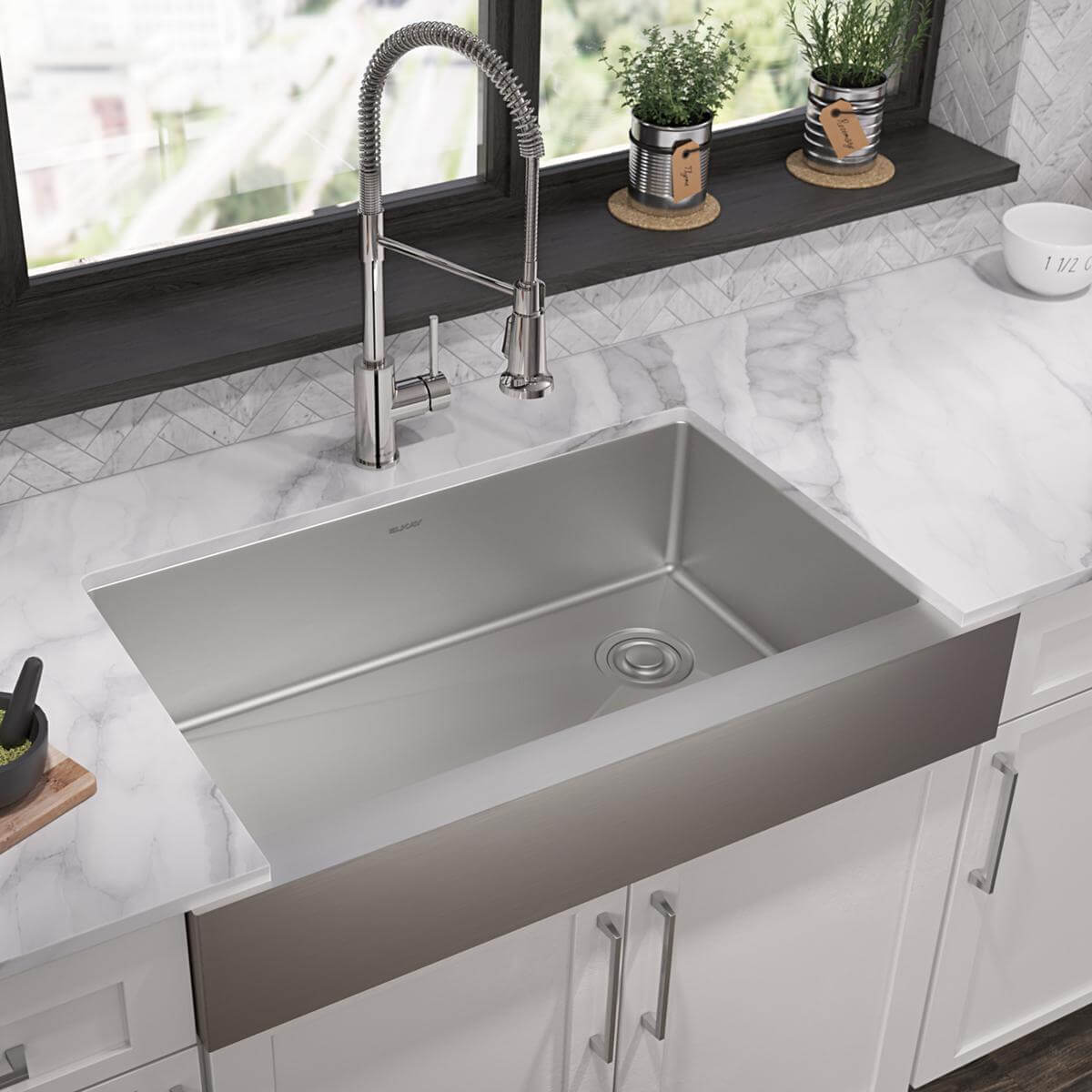 Elkay Crosstown 36" Stainless Steel Farmhouse Sink with Faucet, Polished Satin, 18 Gauge, ECTRUF30179RFCC