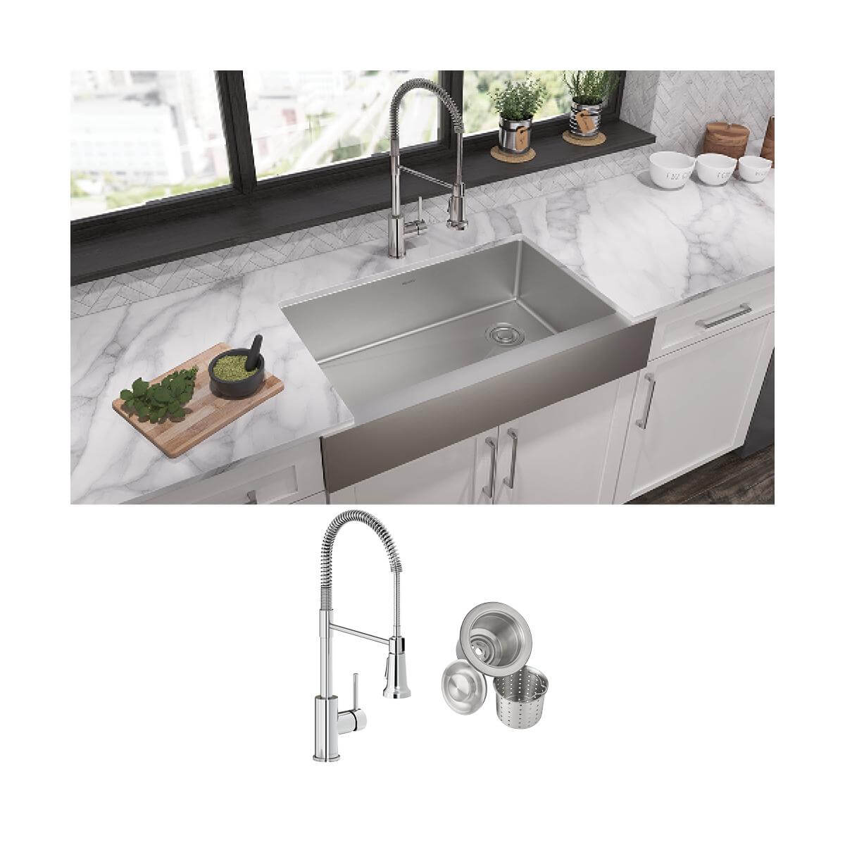 Elkay Crosstown 36" Stainless Steel Farmhouse Sink with Faucet, Polished Satin, 18 Gauge, ECTRUF30179RFCC