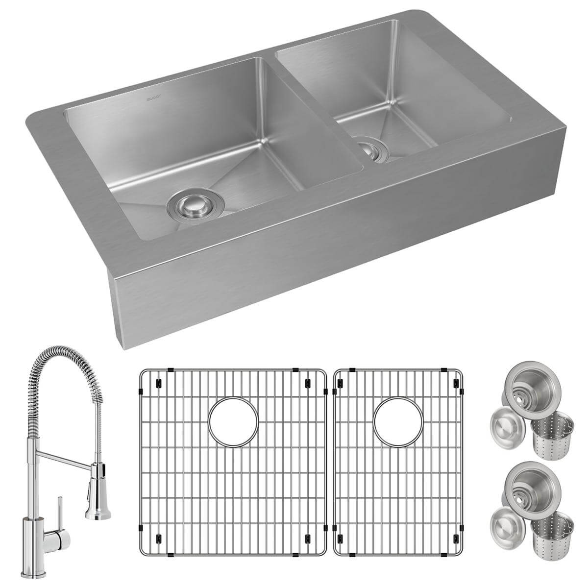 Elkay Crosstown 36" Stainless Steel Farmhouse Sink with Faucet, 60/40 Double Bowl, Polished Satin, 18 Gauge, ECTRUF32179RFBC