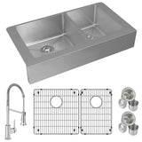 Elkay Crosstown 36" Stainless Steel Farmhouse Sink with Faucet, 60/40 Double Bowl, Polished Satin, 18 Gauge, ECTRUF32179RFBC