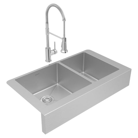 Elkay Crosstown 36" Stainless Steel Farmhouse Sink with Faucet, 60/40 Double Bowl, Polished Satin, 18 Gauge, ECTRUF32179RFCC