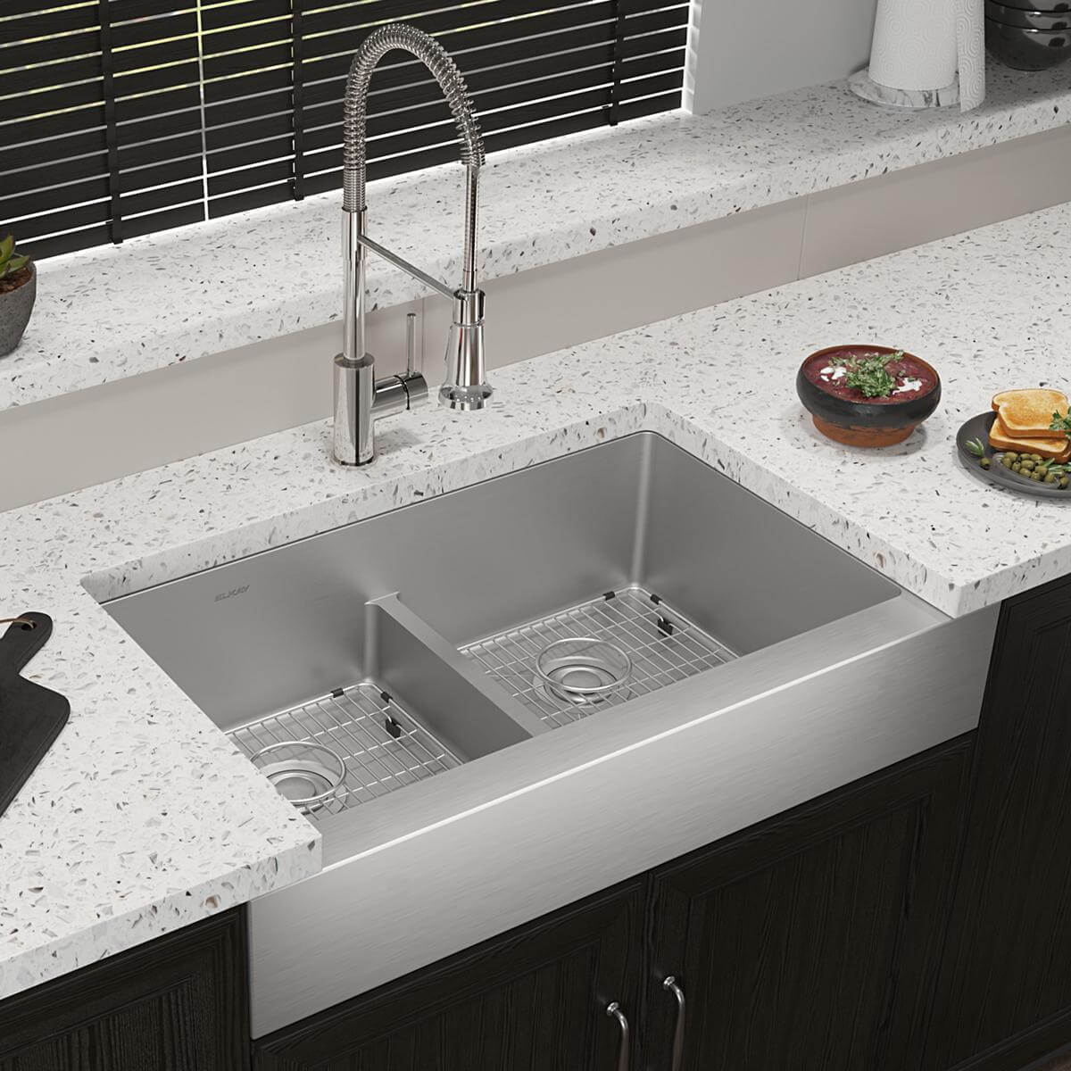 Elkay Crosstown 36" Stainless Steel Farmhouse Sink with Faucet, 50/50 with Aqua Divide Double Bowl, Polished Satin, 18 Gauge, ECTRUFA32179FBC