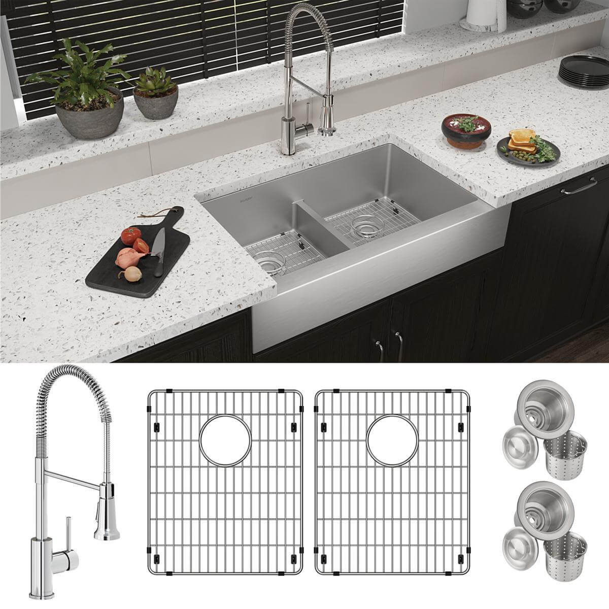 Elkay Crosstown 36" Stainless Steel Farmhouse Sink with Faucet, 50/50 with Aqua Divide Double Bowl, Polished Satin, 18 Gauge, ECTRUFA32179FBC
