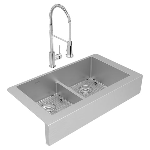 Elkay Crosstown 36" Stainless Steel Farmhouse Sink with Faucet, 50/50 with Aqua Divide Double Bowl, Polished Satin, 18 Gauge, ECTRUFA32179FBC