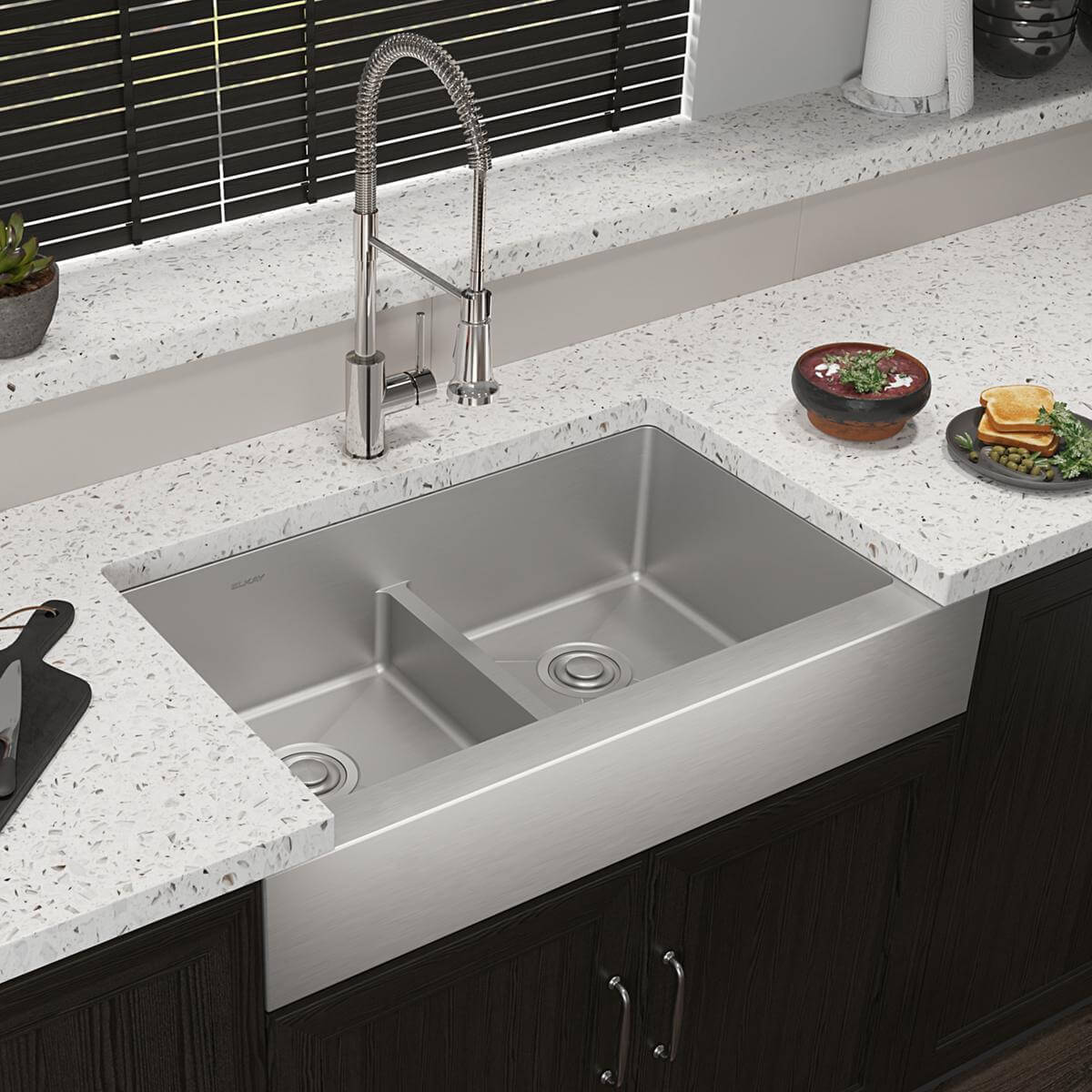 Elkay Crosstown 36" Stainless Steel Farmhouse Sink with Faucet, 50/50 with Aqua Divide Double Bowl, Polished Satin, 18 Gauge, ECTRUFA32179FCC